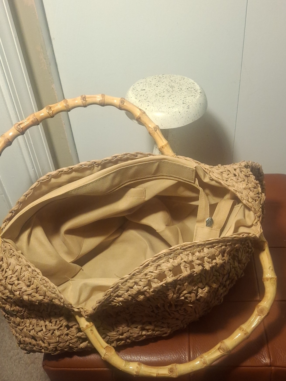 Upcycle Gucci Round Woven Straw Tote with Bamboo Handles and Logo Accent - Picture 7 of 10